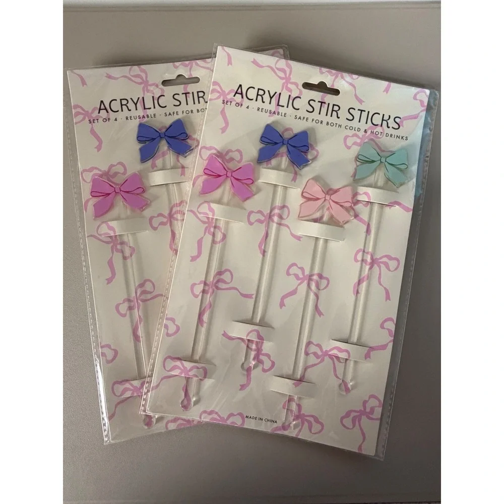 Francesca's Acrylic Bow Stir Sticks 2 Sets of 4 Reusable Pastel Drink‎ Swizzle